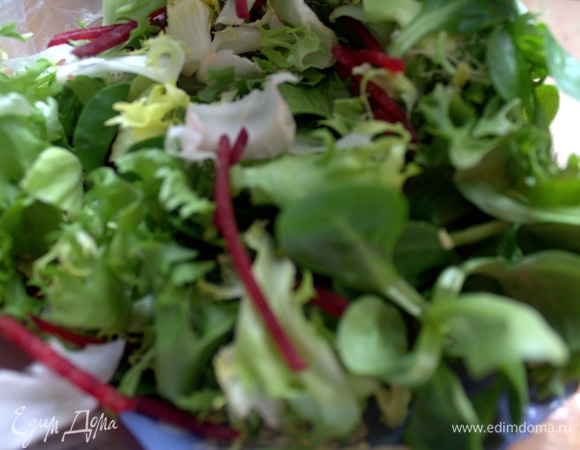 Используем также готовую салатную смесь. У меня с вкраплениями свекольной стружки, но можно простой айсберг взять.