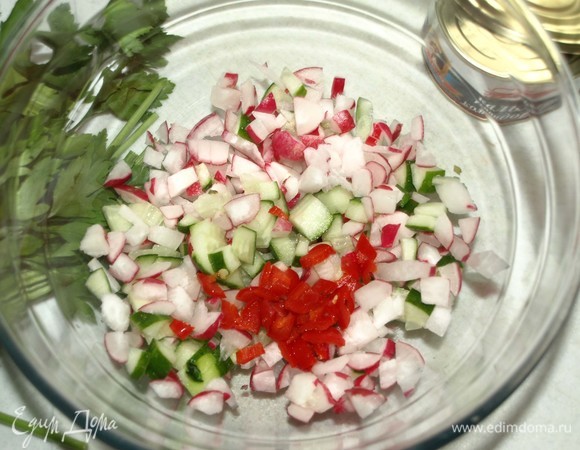 Подготовить все продукты. Огурцы, редис промыть, удалить плодоножки и мелко нарезать. Острый красный перец очистить от семечек и плодоножки, мелко нарезать.