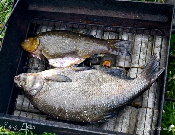 На дно коптилки выложить полена ольхи, затем на решетку — 1 слой рыбы.