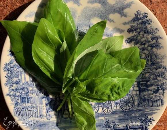 Базилик помыть, мелко нарезать.