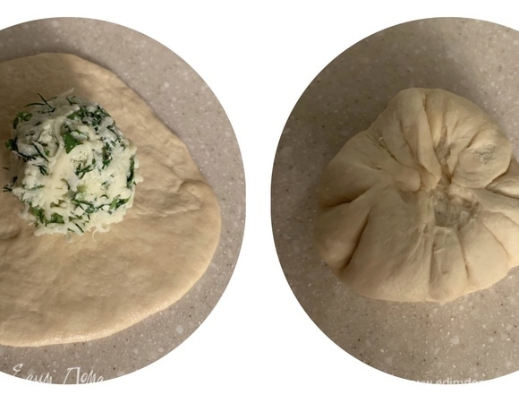 Тесто делим на 2 части, скатываем в шарик и немного раскатываем. В центр кладем нашу начинку-шарик и, как на 2-м фото, обволакиваем тестом и зажимаем сверху.