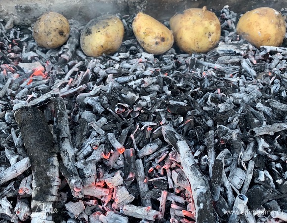 Молодой картофель мою. Кладу в золу. Запекаю 20–30 минут.