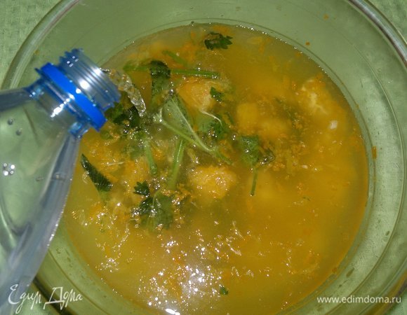 По истечении времени достать чашку с фруктовой смесью и залить холодной газированной водой.