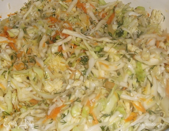 Приготовить начинку. Лук и морковь слегка обжарить на растительном масле. Добавить нашинкованную капусту. Посолить, поперчить, добавить укроп. Накрыть крышкой и тушить до полуготовности, помешивая.