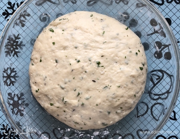 Тесто положить в миску, затянуть пленкой, дать подойти тесту в течение 30 минут.