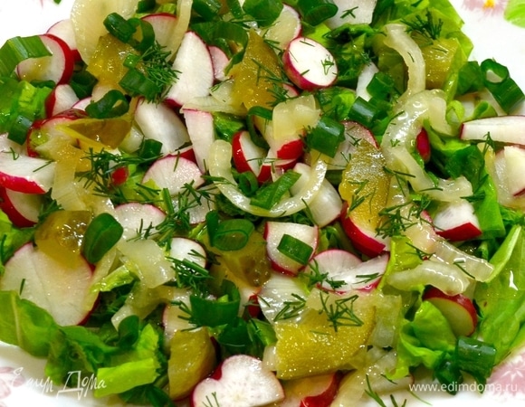 Листья салата нарезать или просто порвать на тарелку, сверху добавляем нарезанный редис, соленый огурец, лук.