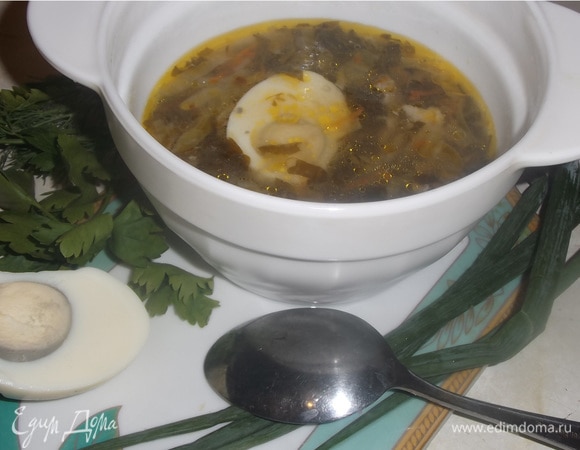 При подаче в тарелку добавить вареное яйцо и зелень по вкусу. Заправить сметаной. Приятного аппетита!