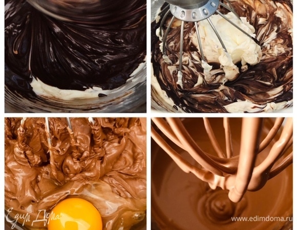 Сыр на медленной скорости превращаем миксером в кремообразную массу, в процессе добавляя сахар, потом — шоколад, далее — яйца (по одному), ванилин.