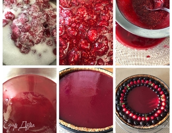 Малиновый мармелад: помещаем в сотейник с толстым дном малину и сахар, прогреваем смесь до растворения сахара, помешивая. Пробить массу блендером. Перетереть через сито, чтобы избавиться от косточек. Добавить в малину агар-агар, перемешать, вернуть сотейник на плиту, довести до кипения и кипятить еще минуты 3–4. Мармелад остудить до 50°C и вылить на остывший чизкейк.