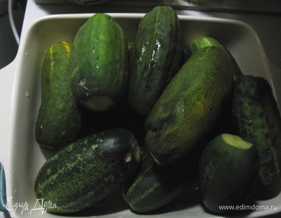 Кладем огурцы в форму (у меня квадратная для запекания). Предварительно огурцы помыть, обрезать и оставить в чуть подсоленной воде.
