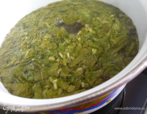 Закипятить воду (примерно 1,5 литра), посолить ее по вкусу и опустить в нее щавель. Варить минут 5.