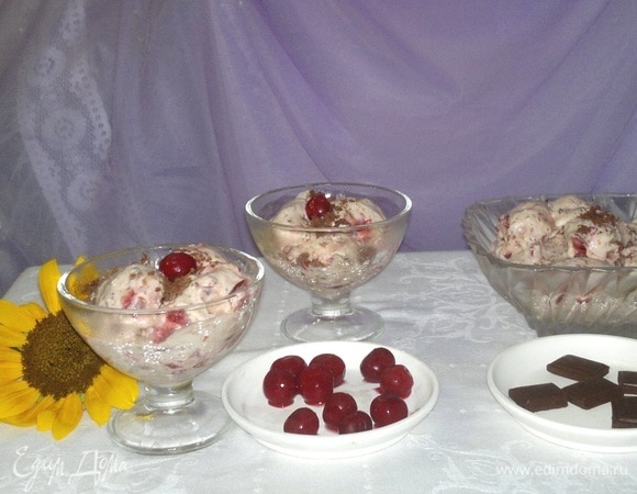 Готовое мороженое разложить по креманкам в форме шариков. Украсить вишнями и натертым шоколадом.