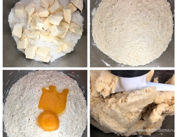 Готовим основу для киша (форма диаметром 26–28 см). В миксере смешать холодное масло, нарезанное кубиком, соль, муку. Затем добавляем желток с ледяной водой и быстро замешиваем тесто до объединения. Песочное тесто долго месить не нужно, только до объединения.