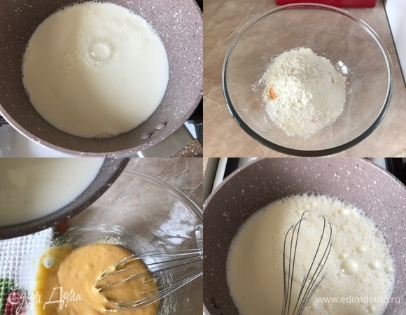 Пока пирожные остывают, готовим крем. Молоко подогреть. В миске смешать венчиком желтки, сахар, ванильный сахар, муку и крахмал (ложки наполняйте без горки). Затем добавить подогретое молоко, быстро перемешать венчиком, перелить в сотейник, поставить на огонь и варить крем на медленном огне, постоянно помешивая, до загустения. В конце добавить масло, хорошо перемешать и снять с огня.