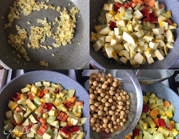 В сковороде с толстым дном разогреть масло, потушить лук и один зубчик чеснока. Потом добавить морковь, болгарский перец, патиссоны, тимьян, соль, черный перец, перемешать и тушить 5 минут. Затем добавить промытый нут, два зубчика чеснока, перец зеленый острый, перемешать и тушить еще 5 минут.