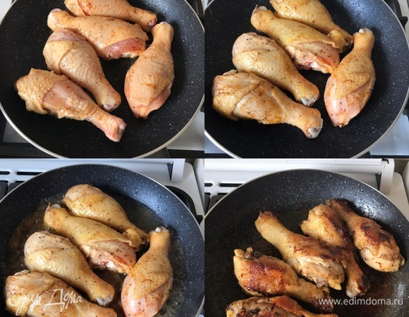 Пока овощи готовятся, разогревам масло в другой сковороде и обжариваем куриные голени с обеих сторон. Затем наливаем вино, даем покипеть 1–2 минутки, накрываем крышкой и жарим до готовности, периодически переворачивая.