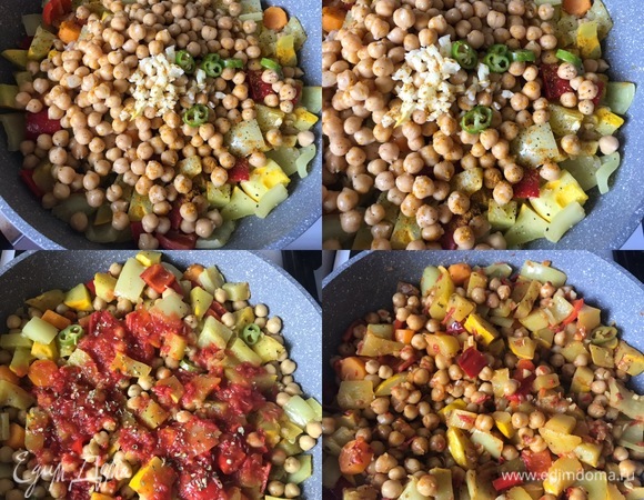 Вернемся к овощам. Помидор натереть на крупной терке. Добавить к овощам натертый помидор, еще немного тимьяна, щепотку карри, перемешать, тушить 4–5 минут и снять с огня.