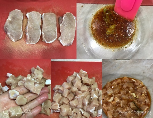 На первый взгляд процесс готовки может показаться сложным, но на самом деле пирожки готовятся очень просто. Вечером я мариную мясо и делаю тесто, а утром или днем готовлю сами пирожки. Главное, не забыть достать тесто из холодильника за час до выпечки. Итак, в миске смешать вино, 2 ст. л. оливкового масла, паприку, орегано, чеснок и лавровый лист. Мясо мелко нарезать, посыпать солью, переложить в миску с маринадом и хорошо перемешать. Миску затянуть пленкой и отправить в холодильник на 10–12 часов.