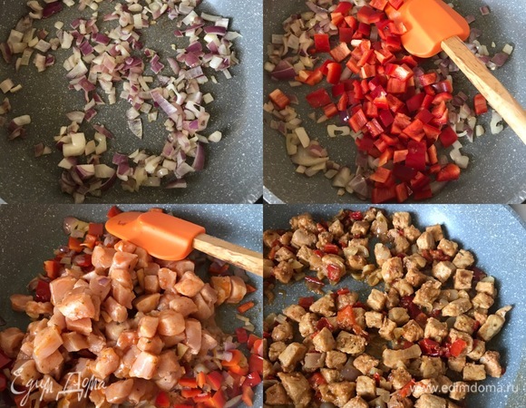 Теперь начинаем готовить эмпанадас. В сковороде разогреть 1 ст. л. оливкового масла и потушить лук. Потом добавить болгарский перец, перемешать и тушить еще 1–2 минутки. Затем добавить маринованное мясо, черный перец, перемешать и тушить до готовности.