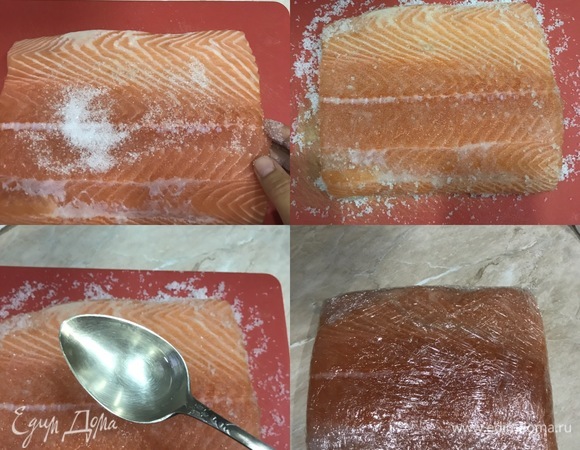 В миске смешать соль и сахар. Рыбу хорошо натереть со всех сторон этой смесью. Потом сбрызнуть водкой и пару раз похлопать рукой по куску со всех сторон. Затем завернуть в пищевую пленку, отправить в любую посуду под гнет и оставить на 1–2 часа при комнатной температуре. Спустя указанное время убрать гнет и положить рыбу в холодильник. Время засолки индивидуально — от 8 часов до 2 суток. Все зависит от толщины куска и его веса, надо периодически проверять.