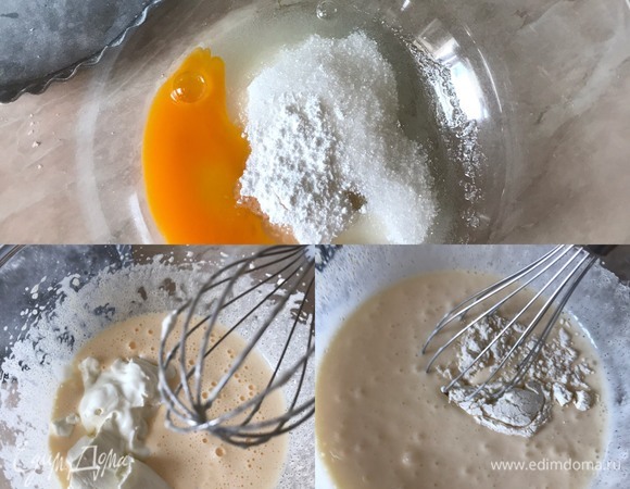 В миске взбить яйцо с сахаром и ванильным сахаром. Добавить сливочный сыр, муку и еще раз слегка взбить.