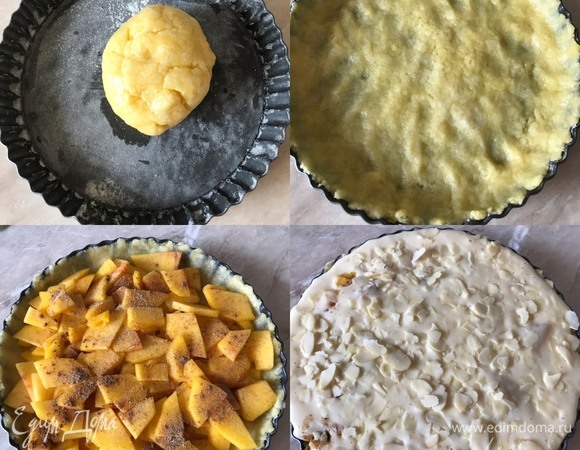 Форму для выпечки диаметром 20 см слегка смазать маслом и присыпать мукой. Тесто достать из холодильника и руками быстро распределить по форме. Сверху положить персики, посыпать корицей, кардамоном, залить кремом и украсить миндальными лепестками.