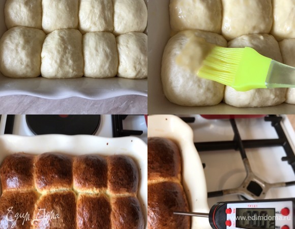 Духовку нагреть до 180°C. Желток смешать с молоком и смазать булочки. Выпекать булочки 28–32 минуты (ориентируйтесь по своей духовке). Готовность булочек лучше проверять кулинарным термометром. Температура в середине готовой булочки должна быть 90°C.