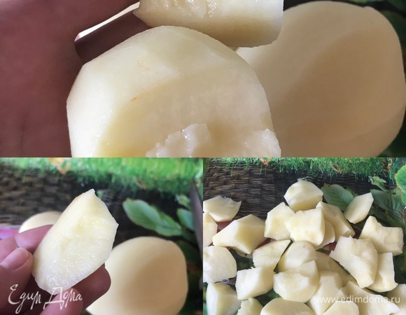 Самое главное в этом блюде — картофель, его нельзя резать! Мы должны картофель поломать на не очень мелкие кусочки с помощью ножа. Во время варки эти неровные кусочки станут рыхлыми и придадут густоту блюду.