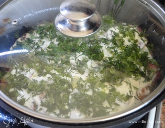 Накрываем крышкой, доводим до кипения, убавляем нагрев и томим 15 минут.