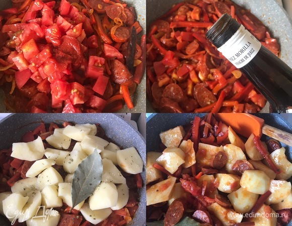 Сразу же добавляем нарезанные помидоры, чили и хорошо перемешиваем. Потом добавляем уксус и опять хорошо перемешиваем, тушим одну минутку. Затем добавляем картофель, орегано, соль и лавровый лист.