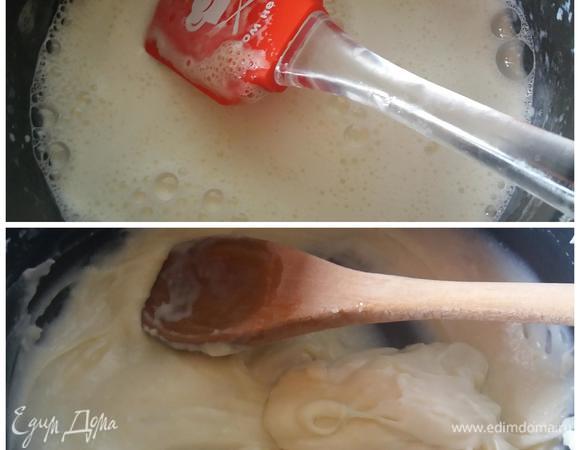 Перелейте смесь обратно в кастрюлю и поставьте на слабый огонь. Готовьте, помешивая деревянной ложкой, около 5 минут до получения гладкого и довольно густого крема (у меня ушло около 1 минуты). Остудите.