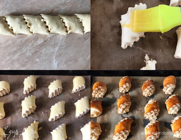 Желток смешать с молоком. Рулеты нарезать на порционные кусочки, аккуратно перенести на противень и смазать желтком. Выпекать гату 20–25 минут.