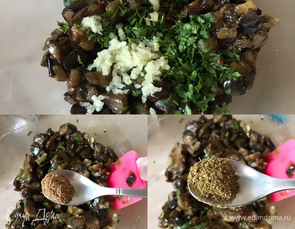 Чеснок выдавить через пресс, кинзу мелко порубить. Готовые баклажаны достать, переложить в миску, добавить чеснок, кинзу, специи, аккуратно перемешать и дать немного остыть.