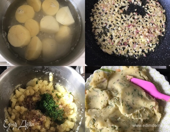 Картофель отварить в подсоленной воде. Потом слить воду и сделать пюре. Лук, чеснок мелко нарезать и пассеровать в масле. Затем в картофельное пюре добавить лук, укроп, соль, перец, хорошо перемешать и дать остыть.