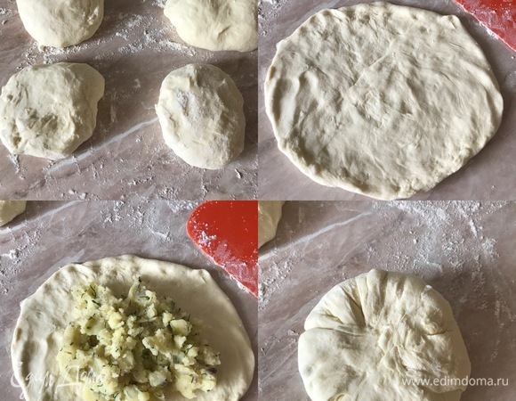 Тесто разделить на 4 части. Руками слегка раскатать тесто (когда я делаю такие лепешки, никогда не пользуюсь скалкой), в серединку положить начинку и соединить края теста, защипнуть и перевернуть швом вниз.