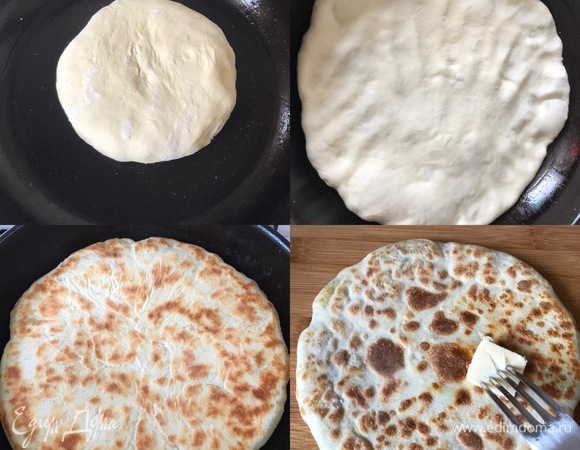 Сковороду нагреть, слегка смазать маслом, как на блины, переложить лепешку на сковороду, распределить по сковороде руками и жарить на медленном огне с каждой стороны 4–6 минут.