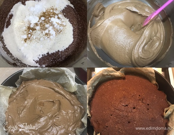 Потом просеять какао и перемешать на средней скорости миксера. Затем просеять муку, соль, соду, разрыхлитель, корицу и опять слегка взбить миксером. Тесто переложить в форму и разровнять. Выпекать 25–35 минут (до сухой спички).