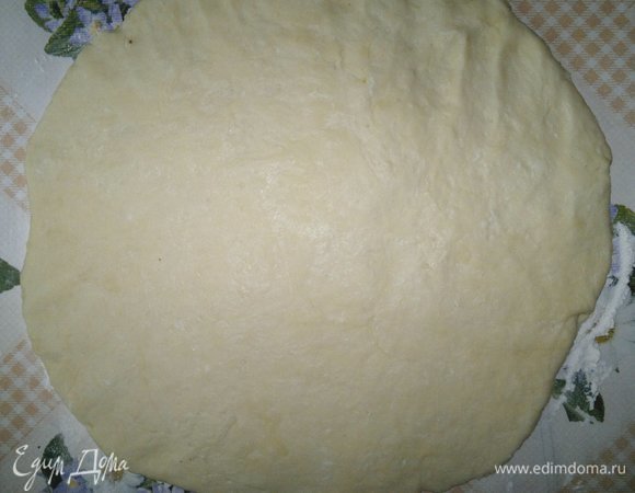По истечении времени тесто раскатать на подпыленном мукой столе в круг диаметром, равным диаметру формы с бортиками 3–4 см.