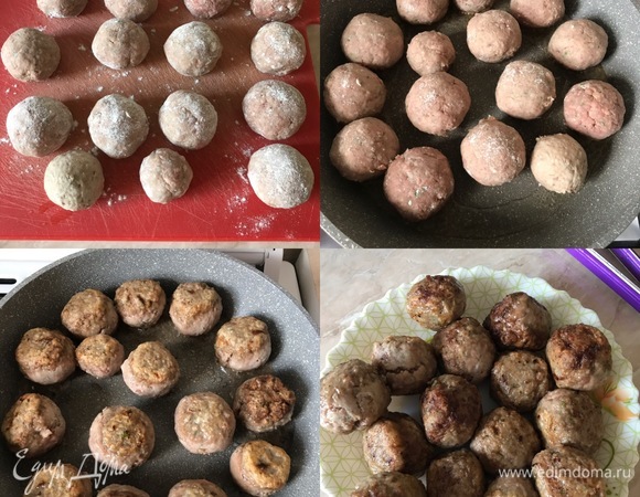 Затем сформировать фрикадельки, обвалять в муке и слегка обжарить на сковороде. Переложить фрикадельки на тарелку и накрыть фольгой.