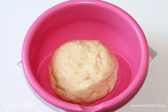 Собираем тесто в ком. Смазываем миску растительным маслом (1 ч. л.) и выкладываем тесто. Прокручиваем тесто в масле. Накрываем миску пленкой, чтобы тесто не обветрилось. Ставим миску в теплое место для подъема в 2,5 раза.