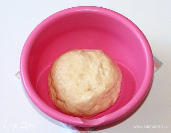 Собираем тесто в ком. Смазываем миску растительным маслом (1 ч. л.) и выкладываем тесто. Прокручиваем тесто в масле. Накрываем миску пленкой, чтобы тесто не обветрилось. Ставим миску в теплое место для подъема в 2,5 раза.