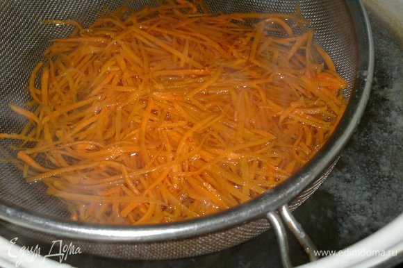 Морковь выложить в дуршлаг и окунуть дуршлаг в кастрюлю с кипящей водой. бланшировать морковь 1 мин. Затем промыть под струей холодной воды. Дать воде полностью стечь.