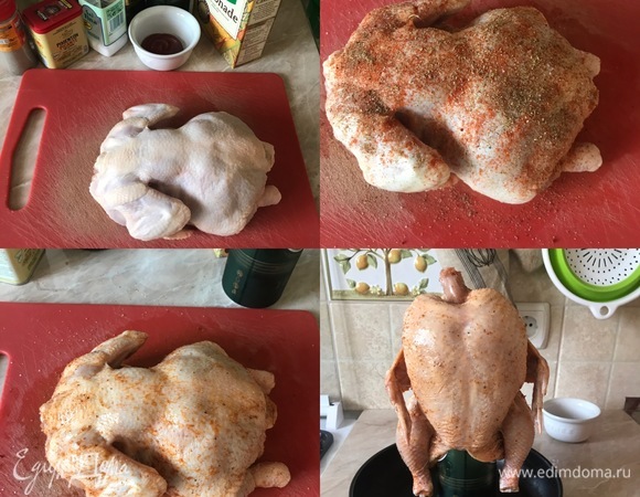 Духовку разогреть до 200°C. Курицу вымыть и хорошо обсушить бумажным полотенцем. Потом хорошо натереть маслом. В маленькой миске смешать соль, перец, сахар, кориандр, паприку. Хорошо натереть этой смесью курицу со всех сторон. Открыть пиво (у меня банка объемом 500 мл), половину банки вылить, затем посадить курицу на банку.