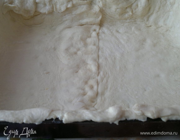 Форму смазать небольшим количеством растительного масла и выложить пласты теста рядом, с небольшим заходом друг на друга. Края будут немного свисать с бортиков.