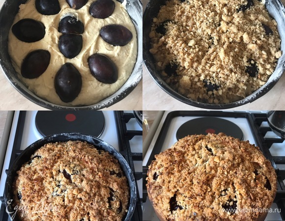 Сверху разложить половинки слив, посыпать крошкой и отправить в духовку. Выпекать 50–60 минут, готовность проверяем лучинкой. Лучинка сухая — пирог готов.