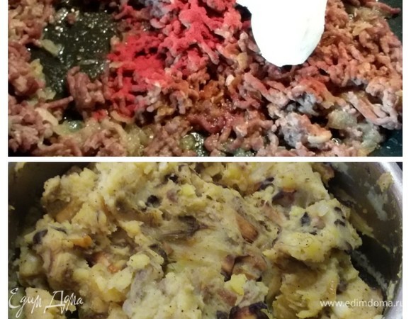 Во время подхода теста займемся начинкой. На подсолнечном масле обжарить лук, добавить фарш, обжарить и снять с огня. Немного остудить. Добавить специи и сливочный сыр (у меня «Филадельфия»). Размешать. У меня было 2 начинки: мясная и картофельная с грибами. Данное в ингредиентах количество начинки соответствует полной порции теста.