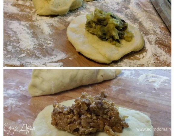 Дальше разделить тесто на одинаковые кусочки или просто оторвать кусочки руками. Пальчиками размять и выложить по 1–2 ч. л. начинки. Тщательно защипить и выложить швом вниз в смазанную маслом форму для запекания.