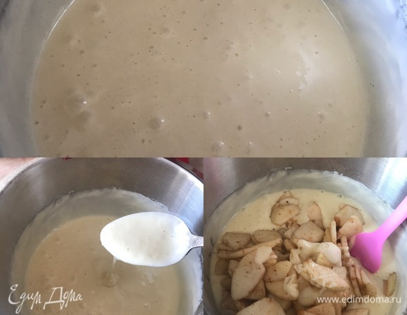 Тесто получается жидкое — так и должно быть. Добавить яблоки и аккуратно перемешать спатулой или ложкой.