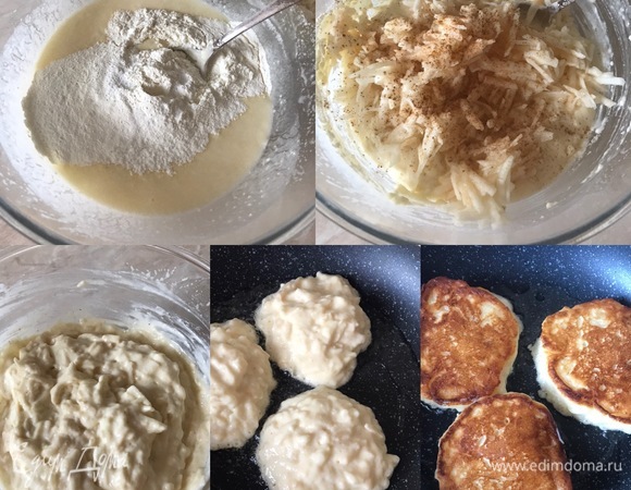 Муку просеять. В тесто добавить муку, соль, соду и аккуратно перемешать. Затем добавить яблоки, корицу и перемешать спатулой или ложкой.