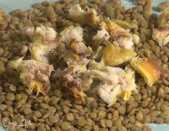 Чечевицу равномерно выложить на тарелку, сверху выложить кусочки рыбы.